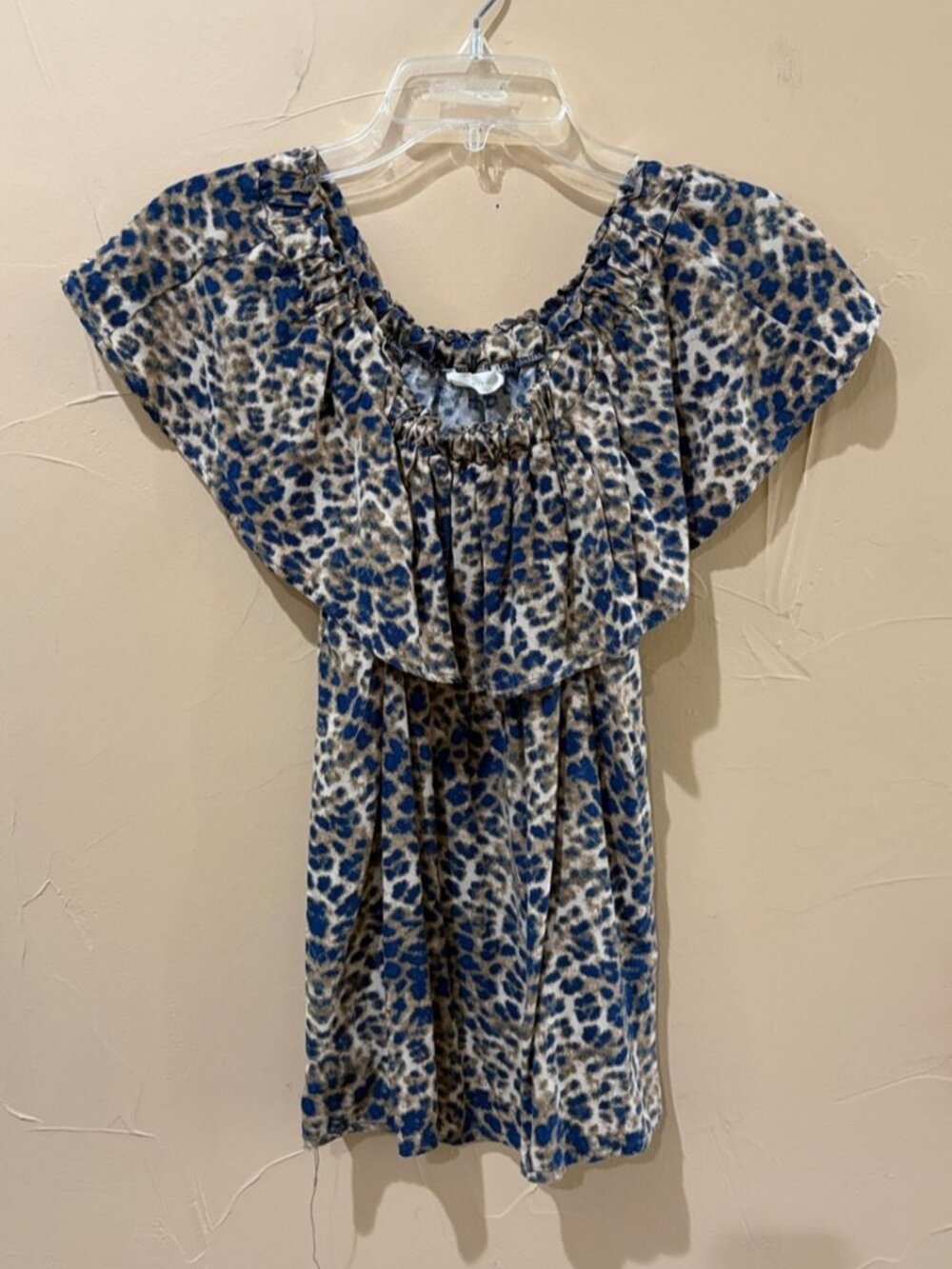 Blue and Taupe Leopard Print Top with Ruffle Neckline